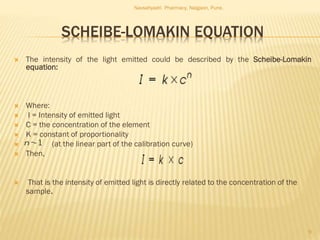 SCHEIBE-LOMAKIN EQUATION
 The intensity of the light emitted could be described by the Scheibe-Lomakin
equation:
 Where:
 I = Intensity of emitted light
 C = the concentration of the element
 K = constant of proportionality
 (at the linear part of the calibration curve)
 Then,
 That is the intensity of emitted light is directly related to the concentration of the
sample.
Navsahyadri Pharmacy, Naigaon, Pune.
9
 