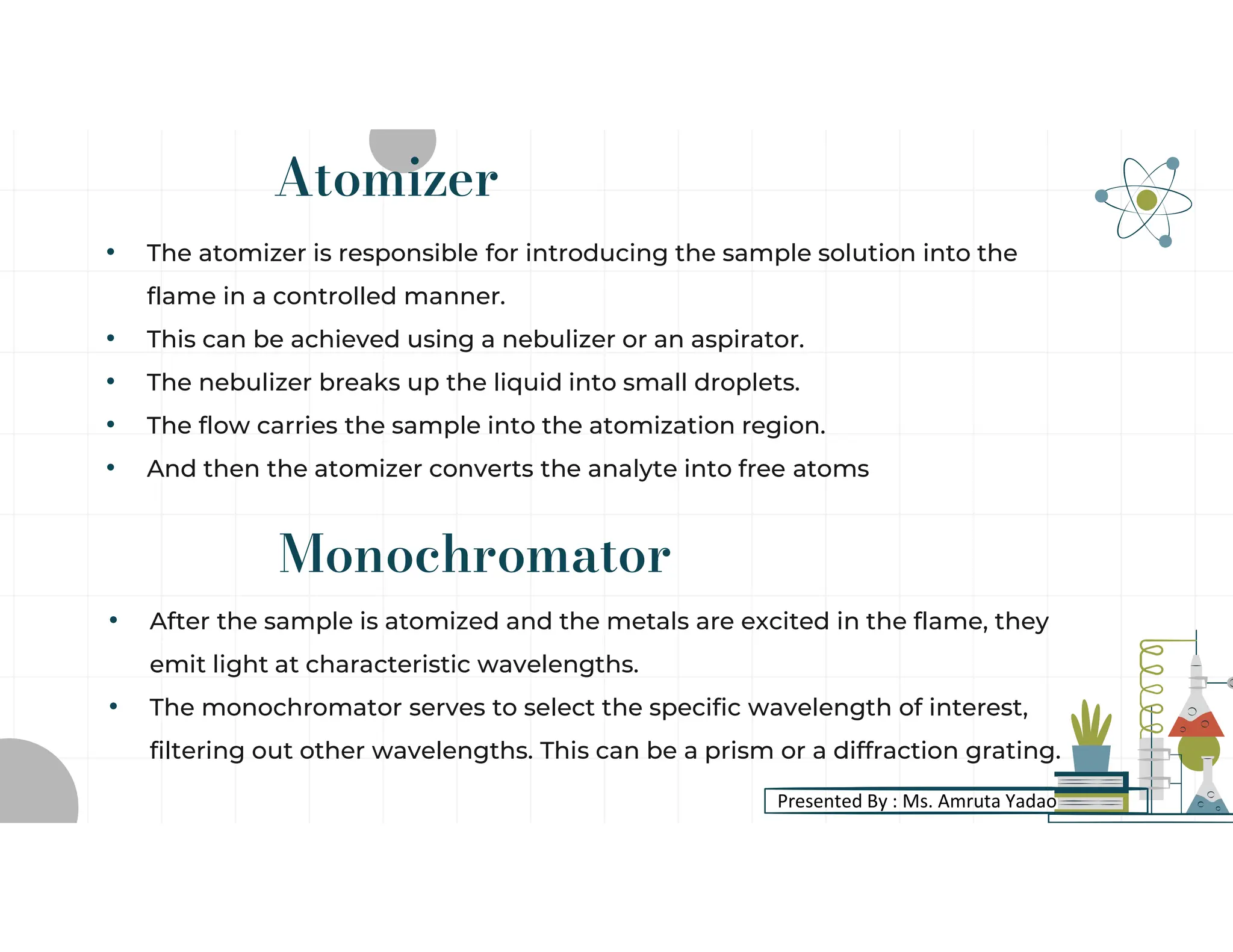 Monochromator
• After the sample is atomized and the metals are excited in the flame, they
emit light at characteristic wavelengths.
• The monochromator serves to select the specific wavelength of interest,
filtering out other wavelengths. This can be a prism or a diffraction grating.
Atomizer
• The atomizer is responsible for introducing the sample solution into the
flame in a controlled manner.
• This can be achieved using a nebulizer or an aspirator.
• The nebulizer breaks up the liquid into small droplets.
• The flow carries the sample into the atomization region.
• And then the atomizer converts the analyte into free atoms
Presented By : Ms. Amruta Yadao
 