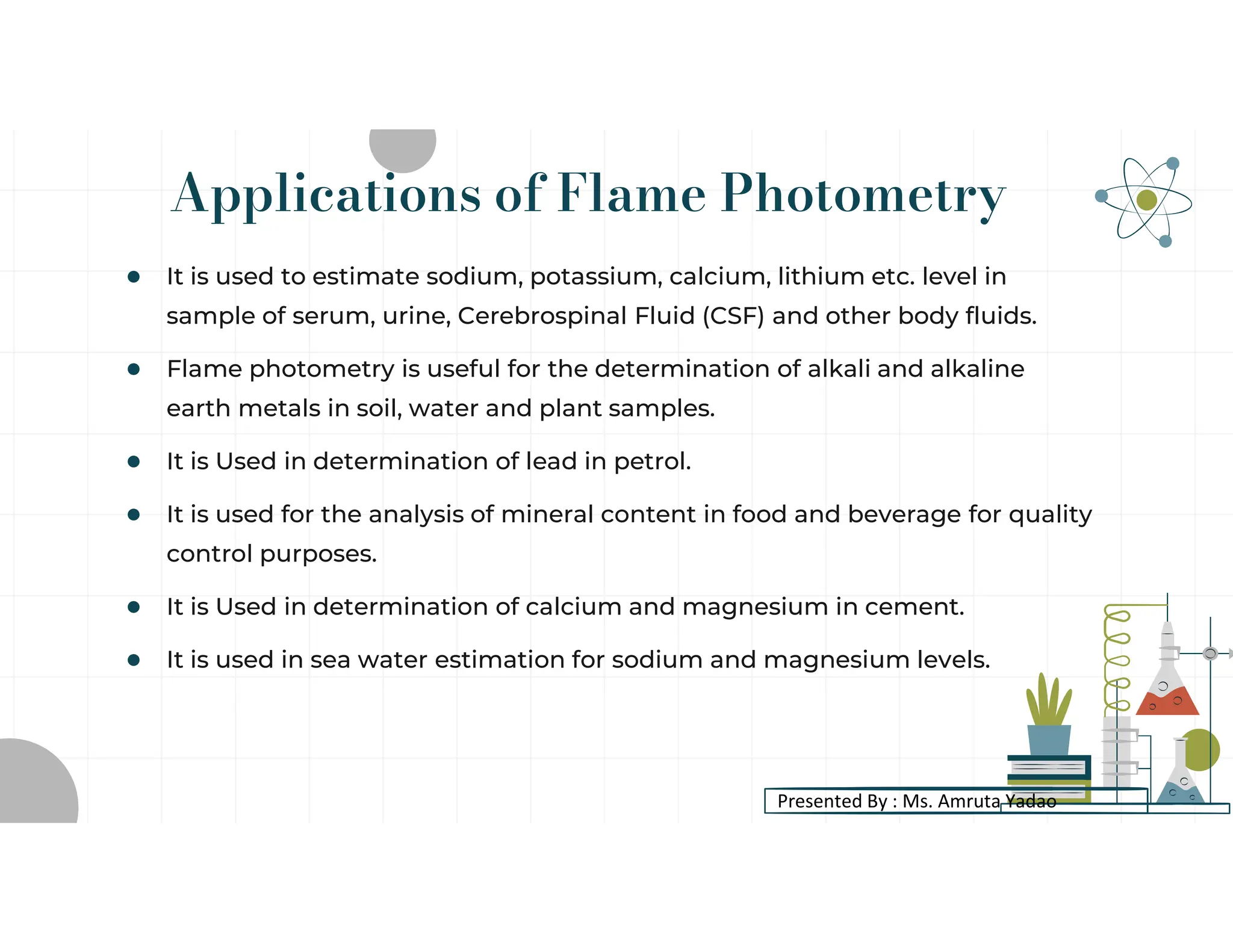 Applications of Flame Photometry
● It is used to estimate sodium, potassium, calcium, lithium etc. level in
sample of serum, urine, Cerebrospinal Fluid (CSF) and other body fluids.
● Flame photometry is useful for the determination of alkali and alkaline
earth metals in soil, water and plant samples.
● It is Used in determination of lead in petrol.
● It is used for the analysis of mineral content in food and beverage for quality
control purposes.
● It is Used in determination of calcium and magnesium in cement.
● It is used in sea water estimation for sodium and magnesium levels.
Presented By : Ms. Amruta Yadao
 