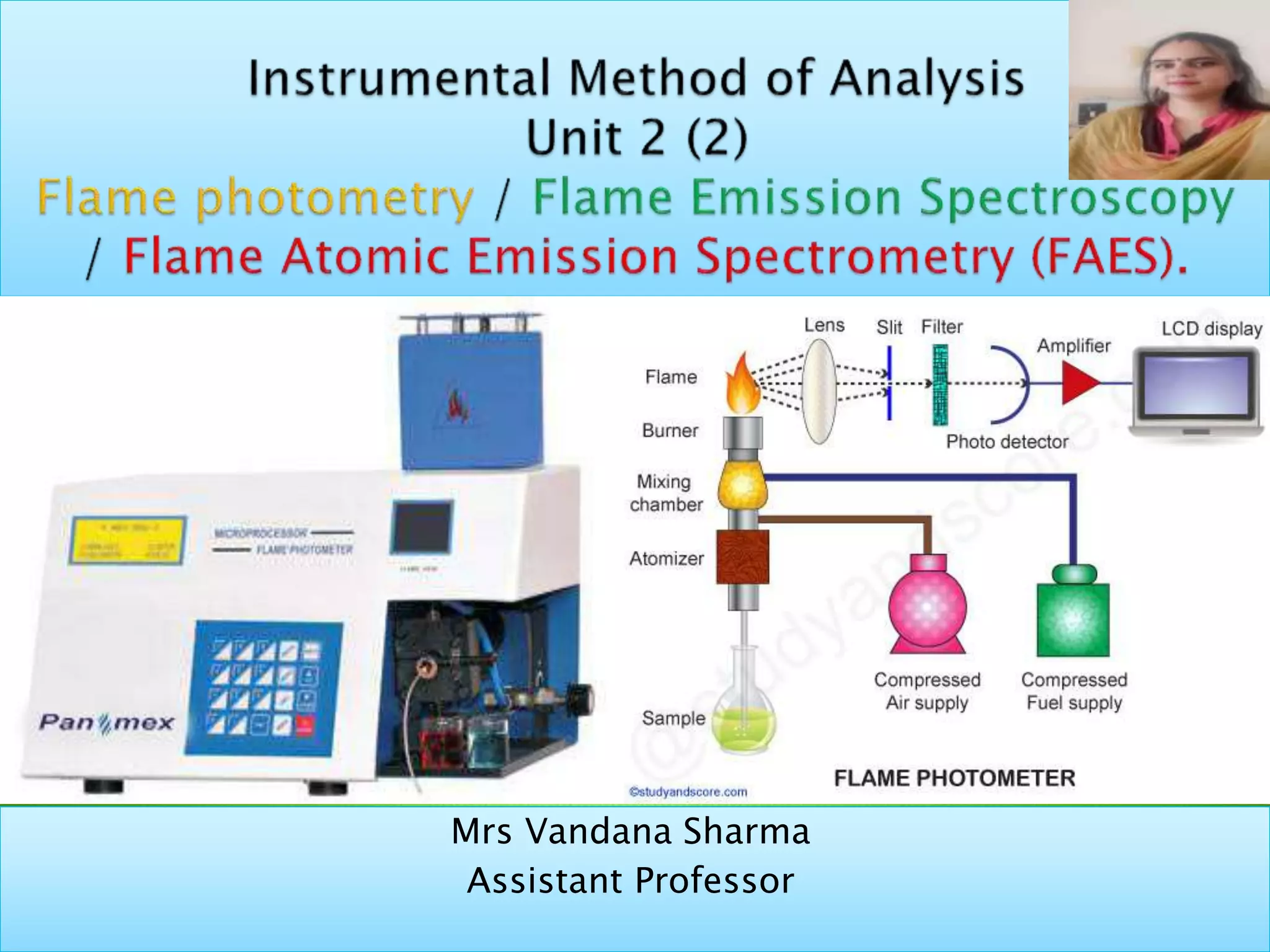 Flame photometry, principle, interferences, instrumentation