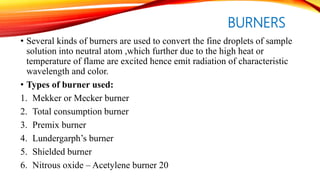 BURNERS
• Several kinds of burners are used to convert the fine droplets of sample
solution into neutral atom ,which further due to the high heat or
temperature of flame are excited hence emit radiation of characteristic
wavelength and color.
• Types of burner used:
1. Mekker or Mecker burner
2. Total consumption burner
3. Premix burner
4. Lundergarph’s burner
5. Shielded burner
6. Nitrous oxide – Acetylene burner 20
 