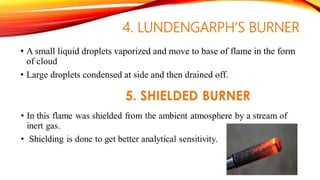 4. LUNDENGARPH’S BURNER
• A small liquid droplets vaporized and move to base of flame in the form
of cloud
• Large droplets condensed at side and then drained off.
 
