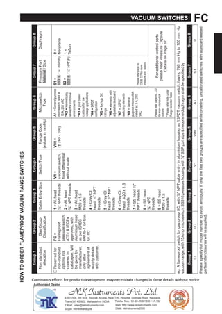 VACUUM SWITCHES FC
Con nuous eﬀorts for product development may necessitate changes in these details without no ce
OWTOOEFLEPOOFVGESWITES
st
ct
GsG
ssfct
EtySzStcTy
vs
cstc
Ty
GoupGoupGoupGoupGoupGoupGoupGoup
=
F=
Ff
ssstc,
ATEx&IEEx
v,t
A
sIS/IE
fGs
G.II
svf
st
tst
cv
ct.W
vy
fct,
yft
tf
syts
tcst.
V=
vcstc,
fxfft
ttsc
V=
GoupGoupGoupGoupGoupGoupGoupGoup
.AffstcfsII,t½"PTctyssSPTvcstc,vt
vc,tA.cstc,SSssst¼BSPtsz&sscfy
Psscfyftvty.Ifytfsttsscf,ctstcststtt
tscsss.
FVVAS
Ftttts
sfPsss
tsP
=
tt
=
=
=
=
=
=
=
PssPt
t/Sz
S==
SS/¼"BSPF
S=
SS/¼PTFTf
=A.
½"PTts
=A.
¾"PTts
=A.
x.
ts
=GyI
½"PT
ts
=GyI
¾"PT
ts
=GyI
x.
ts
=SS½"
PTts
=SS
¾"PT
ts
=SS
x.
ts
NK Instruments Pvt. Ltd.B-501/504, 5th ﬂoor, Raunak Arcade, Near THC Hospital, Gokhale Road, Naupada,
Thane(W) 400602. Maharashtra INDIA Telefax Nos.: 91-22-25301330 / 31 / 32
E-Mail: sales@nkinstruments.com Web: http://www.nkinstruments.com
Skype: nitinkelkarskype Gtalk: nkinstruments2006
Authorised Dealer
 