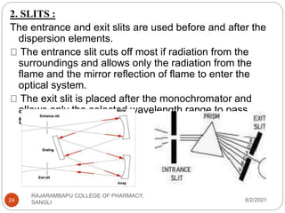 8/2/2021
RAJARAMBAPU COLLEGE OF PHARMACY,
SANGLI
24
2. SLITS :
The entrance and exit slits are used before and after the
dispersion elements.
The entrance slit cuts off most if radiation from the
surroundings and allows only the radiation from the
flame and the mirror reflection of flame to enter the
optical system.
The exit slit is placed after the monochromator and
allows only the selected wavelength range to pass
through the detector.
 