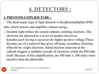 4. DETECTORS :
8/2/2021
RAJARAMBAPU COLLEGE OF PHARMACY,
SANGLI
25
1. PHOTOMULTIPLIER TUBE :
The third major type of light detector is the photomultiplier (PM)
tube, which detects and amplifies radiant energy.
Incident light strikes the coated cathode, emitting electrons. The
electrons are attracted to a series of anodes, known as
dynodes,each having a successively higher positive voltage These
dynodes are of a material that gives off many secondary electrons
when hit by single electrons. Initial electron emission at the
cathode triggers a multiple cascade of electrons within the PM tube
itself. Because of this amplification, the PM tube is 200 times more
sensitive than the phototube.
 