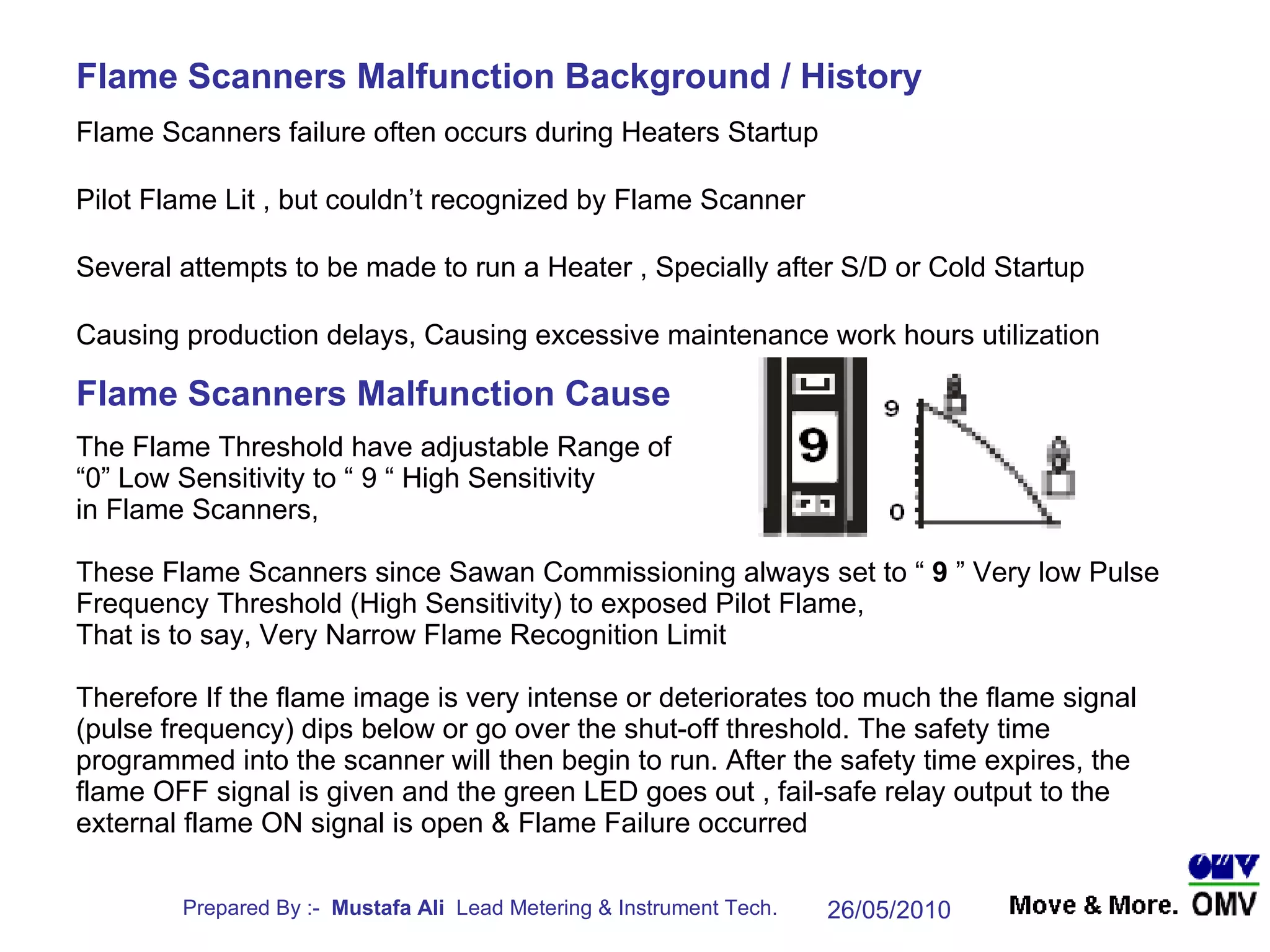 Flame Scanners Malfunction Background / History Flame Scanners failure often occurs during Heaters Startup Pilot Flame Lit , but couldn’t recognized by Flame Scanner Several attempts to be made to run a Heater , Specially after S/D or Cold Startup Causing production delays, Causing excessive maintenance work hours utilization The Flame Threshold have adjustable Range of “0” Low Sensitivity to “ 9 “ High Sensitivity  in Flame Scanners, These Flame Scanners since Sawan Commissioning always set to “  9  ” Very low Pulse Frequency Threshold (High Sensitivity) to exposed Pilot Flame, That is to say, Very Narrow Flame Recognition Limit Therefore If the flame image is very intense or deteriorates too much the flame signal (pulse frequency) dips below or go over the shut-off threshold. The safety time programmed into the scanner will then begin to run. After the safety time expires, the flame OFF signal is given and the green LED goes out , fail-safe relay output to the external flame ON signal is open & Flame Failure occurred Flame Scanners Malfunction Cause 