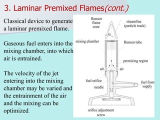 22
3. Laminar Premixed Flames(cont.)
Classical device to generate
a laminar premixed flame.
Gaseous fuel enters into the
mixing chamber, into which
air is entrained.
The velocity of the jet
entering into the mixing
chamber may be varied and
the entrainment of the air
and the mixing can be
optimized.
 