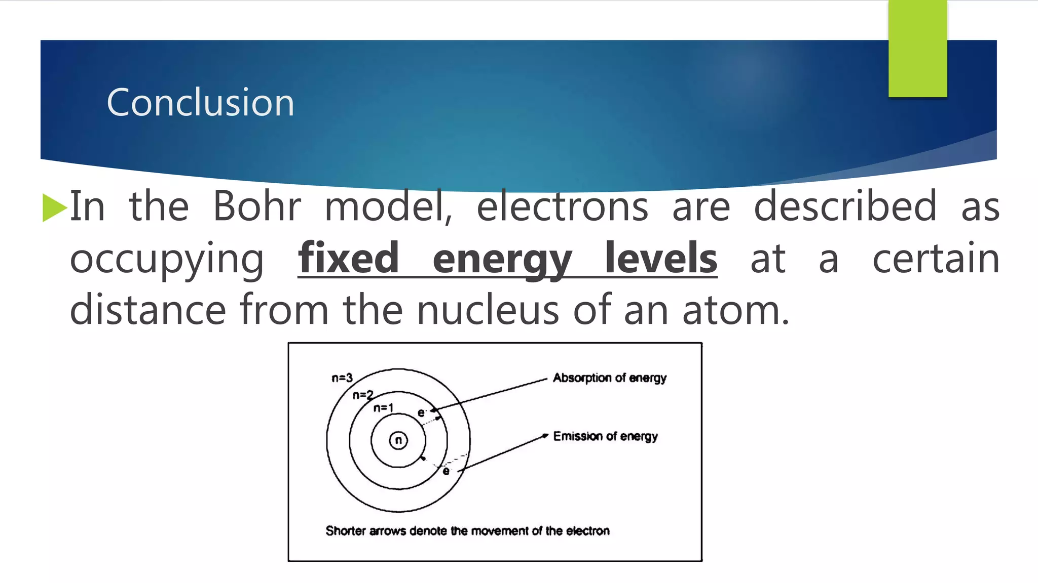 Conclusion
In the Bohr model, electrons are described as
occupying fixed energy levels at a certain
distance from the nucleus of an atom.