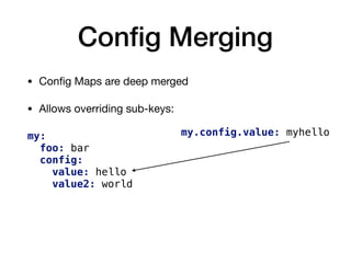 Conﬁg Merging
• Conﬁg Maps are deep merged

• Allows overriding sub-keys:
my:
foo: bar
config:
value: hello
value2: world
my.config.value: myhello
 