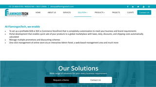 At FlamingosTech, we enable
 To set up a profitable B2B or B2C e-Commerce Storefront that is completely customization to meet your business and brand requirements
 Portal development that enables quick sale of your products to a global marketplace with taxes, duty, discounts, and shipping costs automatically
calculated
 Manage multiple promotions and discounting schemes
 One-click management of online store via an interactive Admin Panel, a web-based management area and much more
 