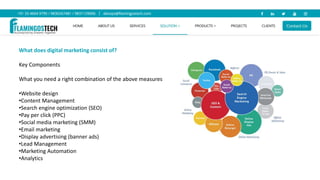 What does digital marketing consist of?
Key Components
What you need a right combination of the above measures
•Website design
•Content Management
•Search engine optimization (SEO)
•Pay per click (PPC)
•Social media marketing (SMM)
•Email marketing
•Display advertising (banner ads)
•Lead Management
•Marketing Automation
•Analytics
 