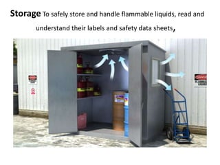 Storage To safely store and handle flammable liquids, read and
understand their labels and safety data sheets,
 