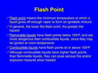 Flash Point
Flash point means the minimum temperature at which a
liquid gives off enough vapor to form an ignitable mixtu...