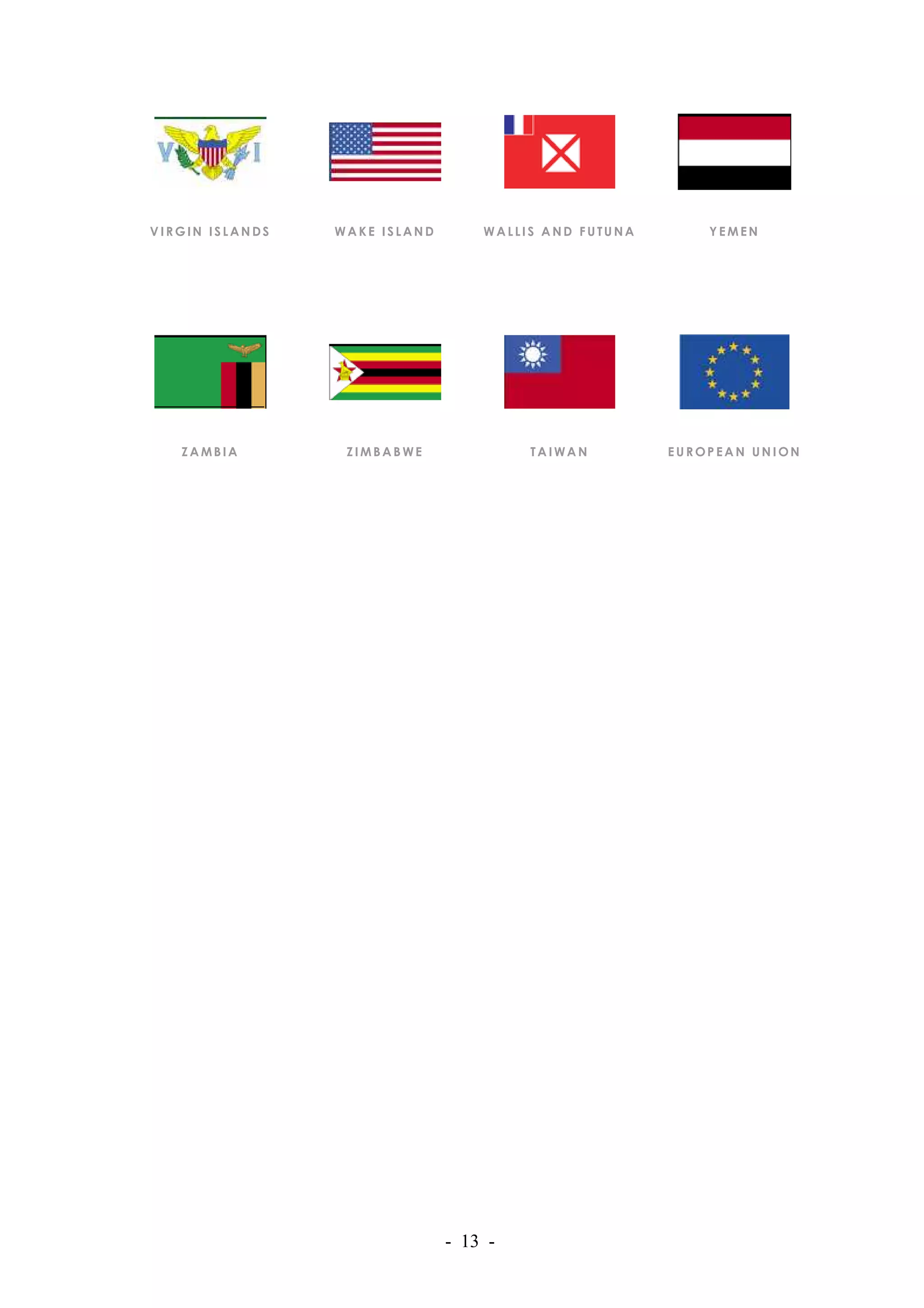 VIRGIN ISLANDS   WAKE ISLAND       WALLIS AND FUTUNA       YEMEN




   ZAMBIA         ZIMBABWE              TAIWAN         EUROPEAN UNION




                               - 13 -
 