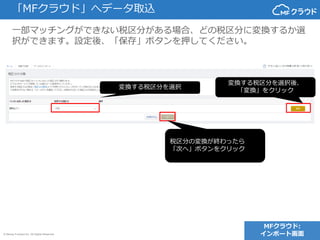 © Money Forward Inc. All Rights Reserved
一部マッチングができない税区分がある場合、どの税区分に変換するか選
択ができます。設定後、「保存」ボタンを押してください。
変換する税区分を選択
「MFクラウド」へデータ取込
税区分の変換が終わったら
「次へ」ボタンをクリック
変換する税区分を選択後、
「変換」をクリック
MFクラウド:
インポート画面
 