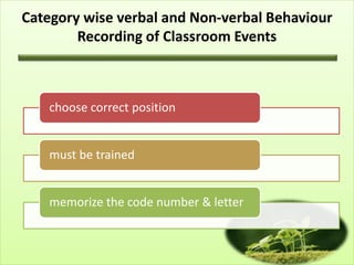 Category wise verbal and Non-verbal Behaviour
Recording of Classroom Events
choose correct position
must be trained
memorize the code number & letter
 
