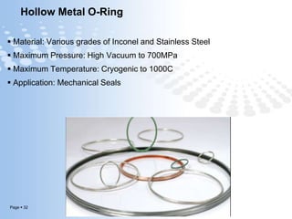 Page  32
Hollow Metal O-Ring
 Material: Various grades of Inconel and Stainless Steel
 Maximum Pressure: High Vacuum to 700MPa
 Maximum Temperature: Cryogenic to 1000C
 Application: Mechanical Seals
 