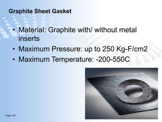 Page  45
Graphite Sheet Gasket
• Material: Graphite with/ without metal
inserts
• Maximum Pressure: up to 250 Kg-F/cm2
• Maximum Temperature: -200-550C
 