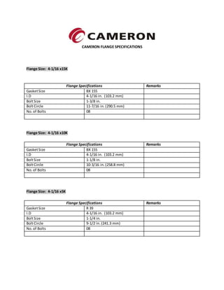 CAMERON FLANGE SPECIFICATIONS
Flange Size: 4-1/16 x15K
Flange Specifications Remarks
GasketSize BX 155
I.D 4-1/16 in. (103.2 mm)
BoltSize 1-3/8 in.
BoltCircle 11-7/16 in.(290.5 mm)
No.of Bolts 08
Flange Size: 4-1/16 x10K
Flange Specifications Remarks
GasketSize BX 155
I.D 4-1/16 in. (103.2 mm)
BoltSize 1-1/8 in.
BoltCircle 10-3/16 in.(258.8 mm)
No.of Bolts 08
Flange Size: 4-1/16 x5K
Flange Specifications Remarks
GasketSize R 39
I.D 4-1/16 in. (103.2 mm)
BoltSize 1-1/4 in.
BoltCircle 9-1/2 in.(241.3 mm)
No.of Bolts 08
 