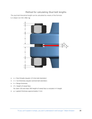 28“If you can't explain it simply, you don't understand it well enough.” Albert Einstein
Method for calculating Stud bolt lengths
The stud bolt theoretical length can be calculated by means of the formula:
L = 2 (s + n + h + rf) + g
 s = free threads (equals 1/3 time bolt diameter)
 n = nut thickness (equals nominal bolt diameter)
 h = flange thickness
 rf = height of raised face
for class 150 and class 300 height of raised face is included in h height
 g = gasket thickness approximately 3 mm
 