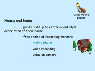 House and home - pupils build up to estate-agent style  description of their house - free choice of recording manners - mobile phone - voice recording - video on camera Using mobile phones 