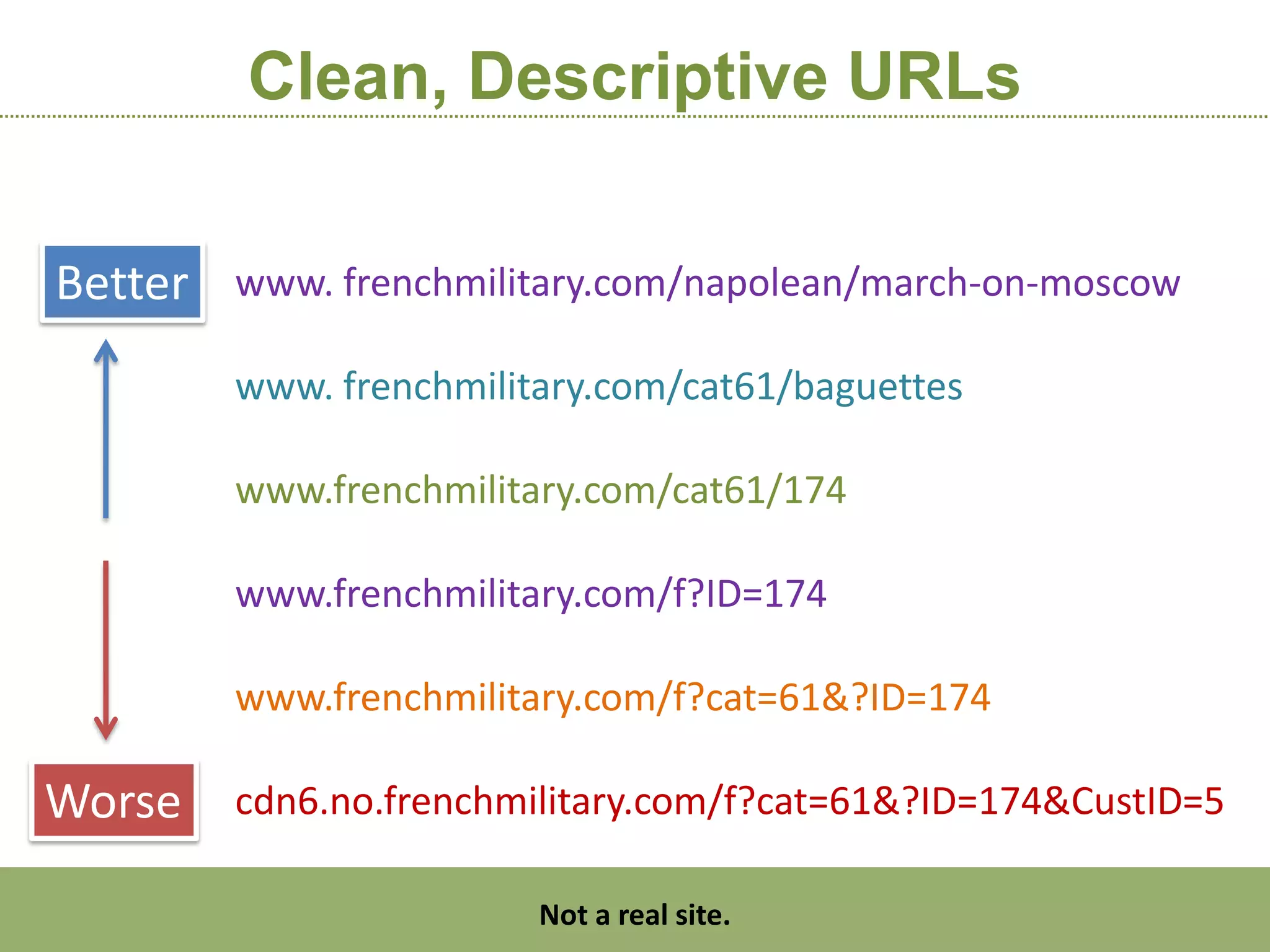 Clean, Descriptive URLs

Better www. frenchmilitary.com/napolean/march-on-moscow
         www. frenchmilitary.com/cat61/baguettes

         www.frenchmilitary.com/cat61/174

         www.frenchmilitary.com/f?ID=174

         www.frenchmilitary.com/f?cat=61&?ID=174

Worse    cdn6.no.frenchmilitary.com/f?cat=61&?ID=174&CustID=5

     http:/googleblog.blogspot.com/2010/06/our-new-search-index-caffeine.html
                               Not a real site.
 