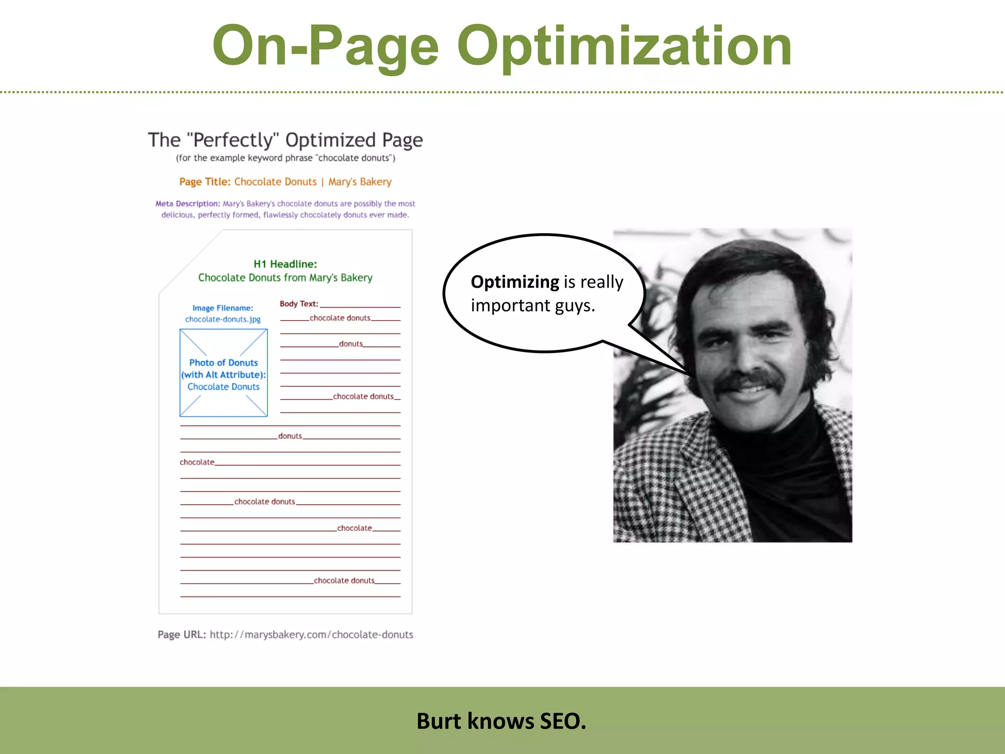 On-Page Optimization



                            Optimizing is really
                            important guys.




http:/googleblog.blogspot.com/2010/06/our-new-search-index-caffeine.html
                         Burt knows SEO.
 