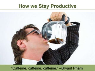 How we Stay Productive




“Caffeine, caffeine, caffeine.” –Bryant Pham
 