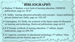 BIBLIOGRAPHY
Shabeer. P. Basheer, a text book of nursing education, EMMESS
publications, page no: 56-67
R. Sudha, ‘nursing education principles and concepts’, Jaypee publishers
private limited new Delhi, page no: 102-107
Cunningham, D.J Duffy, the textbook of the future center for Research
on learning and technology, Retrieved publications, page no:6-8
K.P Neeraja, textbook of nursing education, 1st edition, Jaypee
publications, page no:288-294
J.C Agarwal, essentials of educational technology, 2nd edition, Vikas
publications private limited, page no:35-37
 