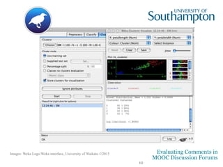 Preliminary ML – CP
@studywbv
12
Evaluating Comments in
MOOC Discussion Forums
• 16 attributes:
like, word count, WPS, Sixltr, ppron, prep, auxverb, negate, posemo,
negemo, cogproc, cause, differ, affiliation, power
• 10 fold Cross-validation
• Classifiers: Naive Bayes, J48, Random Forest
• Accuracy: 60%
• Cohen’s K: 0.48
 