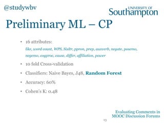 Preliminary ML
@studywbv
13
Evaluating Comments in
MOOC Discussion Forums
Predicted
Actual Off-topic Triggering Exploration Integration Resolution
Off-topic 135 41 36 6 0
Triggering 41 114 115 18 1
Exploration 13 60 295 92 9
Integration 0 8 120 184 70
Resolution 0 0 9 54 291
Confusion matrix for best model – Cognitive presence
 