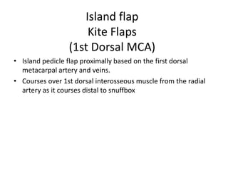 Island flap
Kite Flaps
(1st Dorsal MCA)
• Island pedicle flap proximally based on the first dorsal
metacarpal artery and veins.
• Courses over 1st dorsal interosseous muscle from the radial
artery as it courses distal to snuffbox
 