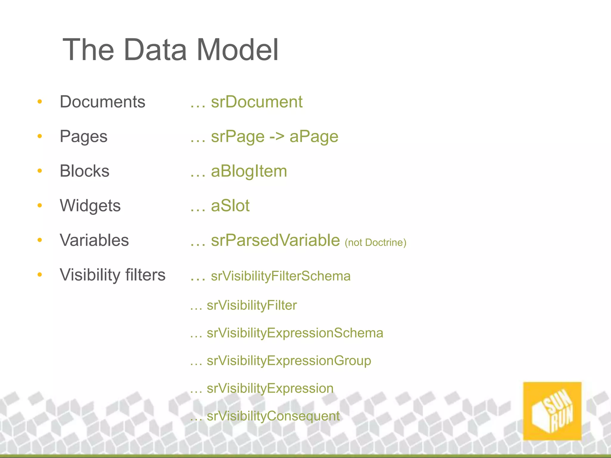 The Data ModelDocumentsPagesBlocksWidgetsVariablesVisibility filters… srDocument… srPage -> aPage… aBlogItem… aSlot… srParsedVariable(not Doctrine)… srVisibilityFilterSchema… srVisibilityFilter… srVisibilityExpressionSchema… srVisibilityExpressionGroup… srVisibilityExpression… srVisibilityConsequent