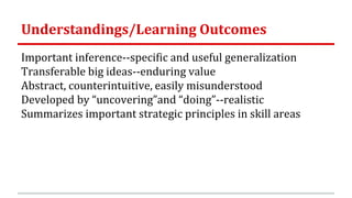 Understandings/Learning Outcomes
Important inference--specific and useful generalization
Transferable big ideas--enduring value
Abstract, counterintuitive, easily misunderstood
Developed by “uncovering”and “doing”--realistic
Summarizes important strategic principles in skill areas
 