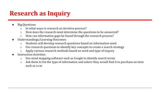 Research as Inquiry
● Big Questions
o In what ways is research an iterative process?
o How does the research need determine the questions to be answered?
o How can information gaps be found through the research process?
● Understandings/Learning Outcomes
o Students will develop research questions based on information need
o Use research questions to identify key concepts to create a search strategy
o Apply various research methods based on need and type of inquiry
● Instruction Activities
o Use mind mapping software such as Coogle to identify search terms
o Ask them to list the type of information and where they would find it to purchase an item
such as a car
 