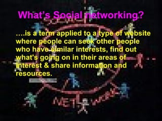 What’s  Social networking ? … . is a term applied to a type of website where people can seek other people who have similar interests, find out what's going on in their areas of interest  &  share information and resources.   