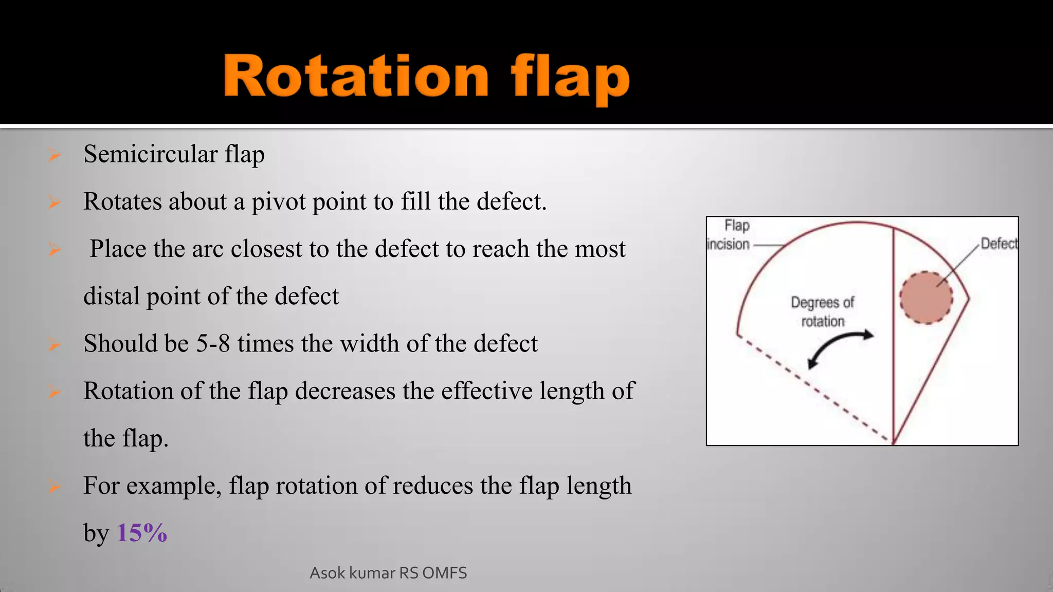  Semicircular flap
 Rotates about a pivot point to fill the defect.
 Place the arc closest to the defect to reach the most
distal point of the defect
 Should be 5-8 times the width of the defect
 Rotation of the flap decreases the effective length of
the flap.
 For example, flap rotation of reduces the flap length
by 15%
Asok kumar RS OMFS
 