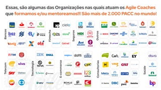 Bancos
Fintechs
Seguros
Outros
Telecom
Tecnologia
E-commerce
Consultorias
Saúde
Essas, são algumas das Organizações nas quais atuam os Agile Coaches
que formamos e/ou mentoreamos!!! São mais de 2.000 PACC no mundo!
 