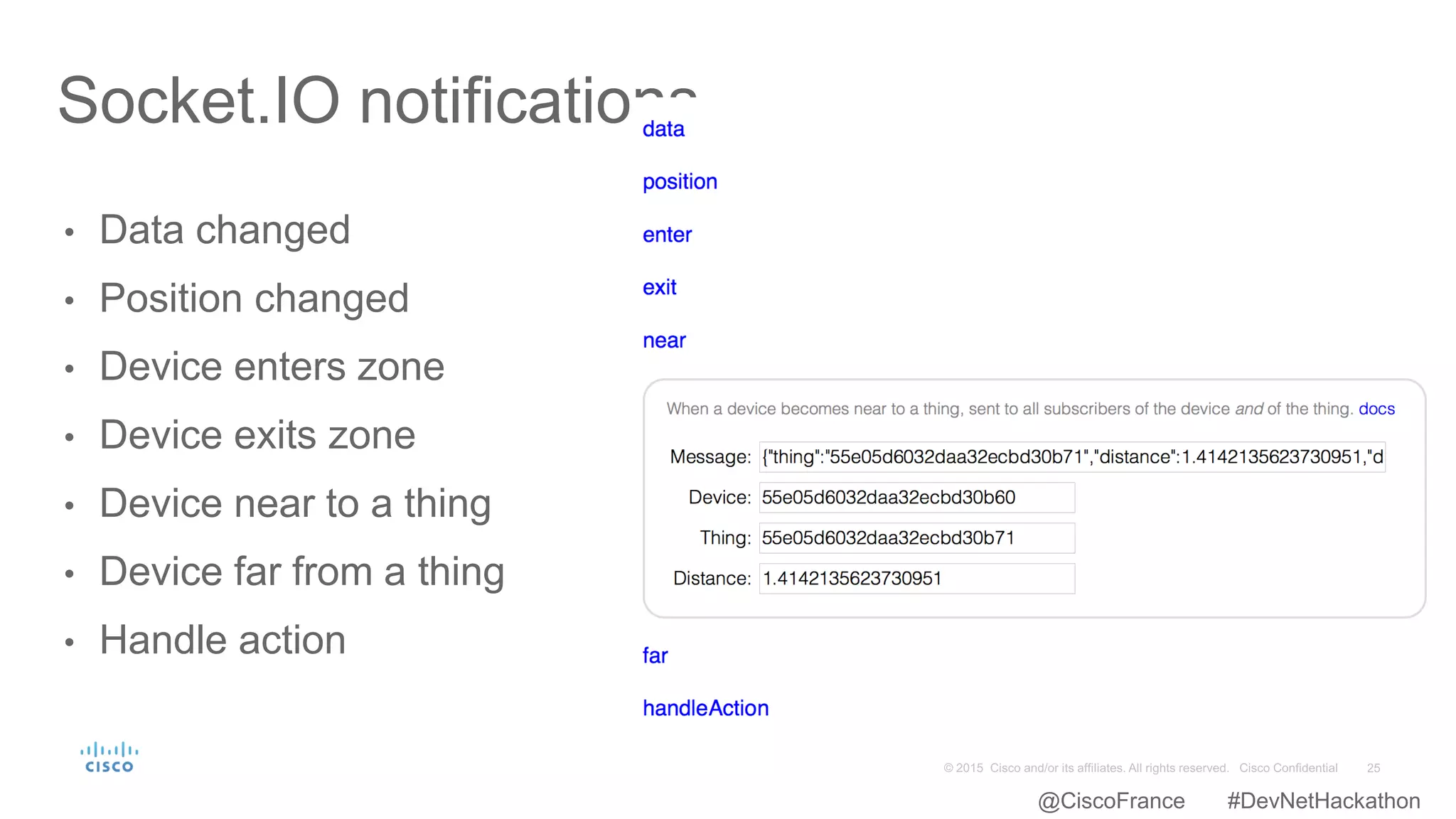 • Data changed
• Position changed
• Device enters zone
• Device exits zone
• Device near to a thing
• Device far from a thing
• Handle action
Socket.IO notifications
@CiscoFrance #DevNetHackathon
 