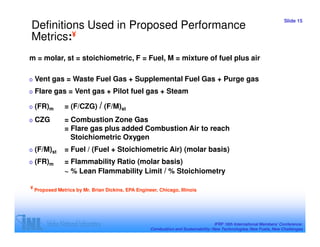 Slide 15
Definitions Used in Proposed Performance
Metrics:¥
m = molar, st = stoichiometric, F = Fuel, M = mixture of fuel plus air

o   Vent gas = Waste Fuel Gas + Supplemental Fuel Gas + Purge gas
o   Flare gas = Vent gas + Pilot fuel gas + Steam

o   (FR)m     = (F/CZG) / (F/M)st
o   CZG       = Combustion Zone Gas
              = Flare gas plus added Combustion Air to reach
                Stoichiometric Oxygen
o   (F/M)st   = Fuel / (Fuel + Stoichiometric Air) (molar basis)
o   (FR)m     = Flammability Ratio (molar basis)
              ~ % Lean Flammability Limit / % Stoichiometry

¥ Proposed Metrics by Mr. Brian Dickins, EPA Engineer, Chicago, Illinois




                                                                                   IFRF 16th International Members’ Conference:
                                                   Combustion and Sustainability: New Technologies, New Fuels, New Challenges
 