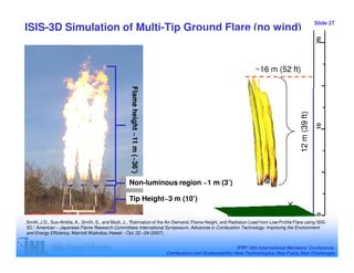 Slide 27
ISIS-3D Simulation of Multi-Tip Ground Flare (no wind)


                                                                                                                         ~16 m (52 ft)




                                                     Flame height ~11 m (~36’)




                                                                                                                                             12 m (39 ft)
                                                    Non-luminous region ~1 m (3’)

                                                    Tip Height~3 m (10’)


Smith, J.D., Suo-Ahttila, A., Smith, S., and Modi, J., “Estimation of the Air-Demand, Flame Height, and Radiation Load from Low-Profile Flare using ISIS-
3D,” American – Japanese Flame Research Committees International Symposium, Advances in Combustion Technology: Improving the Environment
and Energy Efficiency, Marriott Waikoloa, Hawaii - Oct. 22 –24 (2007)


                                                                                                                 IFRF 16th International Members’ Conference:
                                                                                 Combustion and Sustainability: New Technologies, New Fuels, New Challenges
 