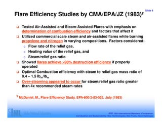 Slide 9
Flare Efficiency Studies by CMA/EPA/JZ (1983)Ŧ

   Tested Air-Assisted and Steam-Assisted Flares with emphasis on
   determination of combustion efficiency and factors that affect it
   Utilized commercial scale steam and air-assisted flares while burning
   propylene and nitrogen in varying compositions. Factors considered:
    o Flow rate of the relief gas,
    o Heating value of the relief gas, and
    o Steam/relief gas ratio
   Showed flares achieve >98% destruction efficiency if properly
   operated
   Optimal Combustion efficiency with steam to relief gas mass ratio of
   0.4 – 1.5 lbm/lbm
   Over-steaming appeared to occur for steam/relief gas ratio greater
   than 4x recommended steam rates

Ŧ McDaniel, M., Flare Efficiency Study, EPA-600/2-83-052, July (1983)




                                                                      IFRF 16th International Members’ Conference:
                                      Combustion and Sustainability: New Technologies, New Fuels, New Challenges
 