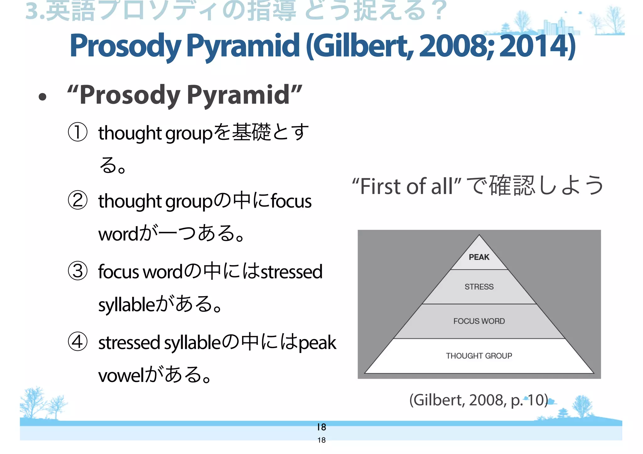 ① thoughtgroupを基礎とす
る。
② thoughtgroupの中にfocus
wordが一つある。
③ focuswordの中にはstressed
syllableがある。
④ stressedsyllableの中にはpeak
vowelがある。
ProsodyPyramid(Gilbert,2008;2014)
18
3.英語プロソディの指導 どう捉える？
• “Prosody Pyramid”
(Gilbert, 2008, p. 10)
“First of all”で確認しよう
18
 