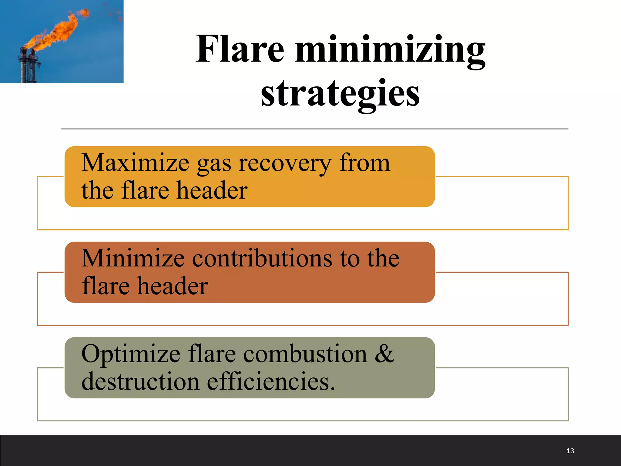 Flare minimizing
strategies
Maximize gas recovery from
the flare header
Minimize contributions to the
flare header
Optimize flare combustion &
destruction efficiencies.
13
 
