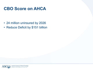 CBO Score on AHCA
• 24 million uninsured by 2026
• Reduce Deficit by $151 billion
 