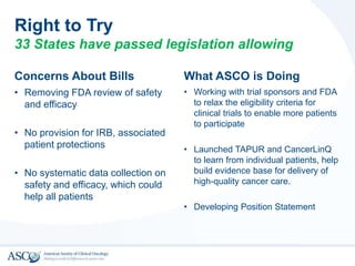 Right to Try
33 States have passed legislation allowing
Concerns About Bills
• Removing FDA review of safety
and efficacy
• No provision for IRB, associated
patient protections
• No systematic data collection on
safety and efficacy, which could
help all patients
What ASCO is Doing
• Working with trial sponsors and FDA
to relax the eligibility criteria for
clinical trials to enable more patients
to participate
• Launched TAPUR and CancerLinQ
to learn from individual patients, help
build evidence base for delivery of
high-quality cancer care.
• Developing Position Statement
 