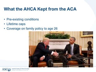 What the AHCA Kept from the ACA
• Pre-existing conditions
• Lifetime caps
• Coverage on family policy to age 26
 