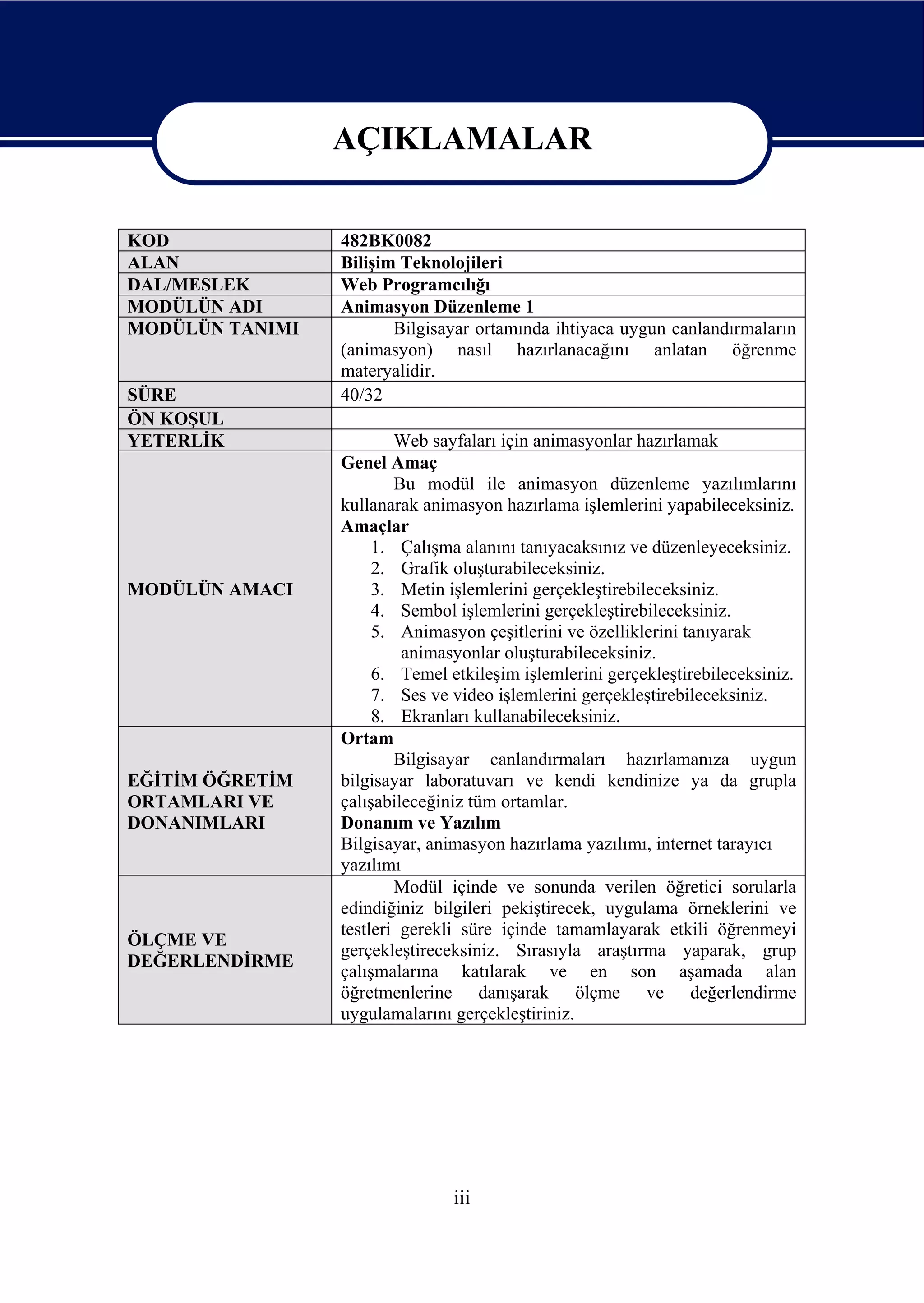 AÇIKLAMALAR

                 AÇIKLAMALAR
KOD              482BK0082
ALAN             Bilişim Teknolojileri
DAL/MESLEK       Web Programcılığı
MODÜLÜN ADI      Animasyon Düzenleme 1
MODÜLÜN TANIMI          Bilgisayar ortamında ihtiyaca uygun canlandırmaların
                 (animasyon) nasıl hazırlanacağını anlatan öğrenme
                 materyalidir.
SÜRE             40/32
ÖN KOŞUL
YETERLİK                 Web sayfaları için animasyonlar hazırlamak
                 Genel Amaç
                         Bu modül ile animasyon düzenleme yazılımlarını
                 kullanarak animasyon hazırlama işlemlerini yapabileceksiniz.
                 Amaçlar
                      1. Çalışma alanını tanıyacaksınız ve düzenleyeceksiniz.
                      2. Grafik oluşturabileceksiniz.
MODÜLÜN AMACI         3. Metin işlemlerini gerçekleştirebileceksiniz.
                      4. Sembol işlemlerini gerçekleştirebileceksiniz.
                      5. Animasyon çeşitlerini ve özelliklerini tanıyarak
                          animasyonlar oluşturabileceksiniz.
                      6. Temel etkileşim işlemlerini gerçekleştirebileceksiniz.
                      7. Ses ve video işlemlerini gerçekleştirebileceksiniz.
                      8. Ekranları kullanabileceksiniz.
                 Ortam
                         Bilgisayar canlandırmaları hazırlamanıza uygun
EĞİTİM ÖĞRETİM   bilgisayar laboratuvarı ve kendi kendinize ya da grupla
ORTAMLARI VE     çalışabileceğiniz tüm ortamlar.
DONANIMLARI      Donanım ve Yazılım
                 Bilgisayar, animasyon hazırlama yazılımı, internet tarayıcı
                 yazılımı
                         Modül içinde ve sonunda verilen öğretici sorularla
                 edindiğiniz bilgileri pekiştirecek, uygulama örneklerini ve
                 testleri gerekli süre içinde tamamlayarak etkili öğrenmeyi
ÖLÇME VE
                 gerçekleştireceksiniz. Sırasıyla araştırma yaparak, grup
DEĞERLENDİRME
                 çalışmalarına katılarak ve en son aşamada alan
                 öğretmenlerine danışarak ölçme ve değerlendirme
                 uygulamalarını gerçekleştiriniz.




                                iii
 
