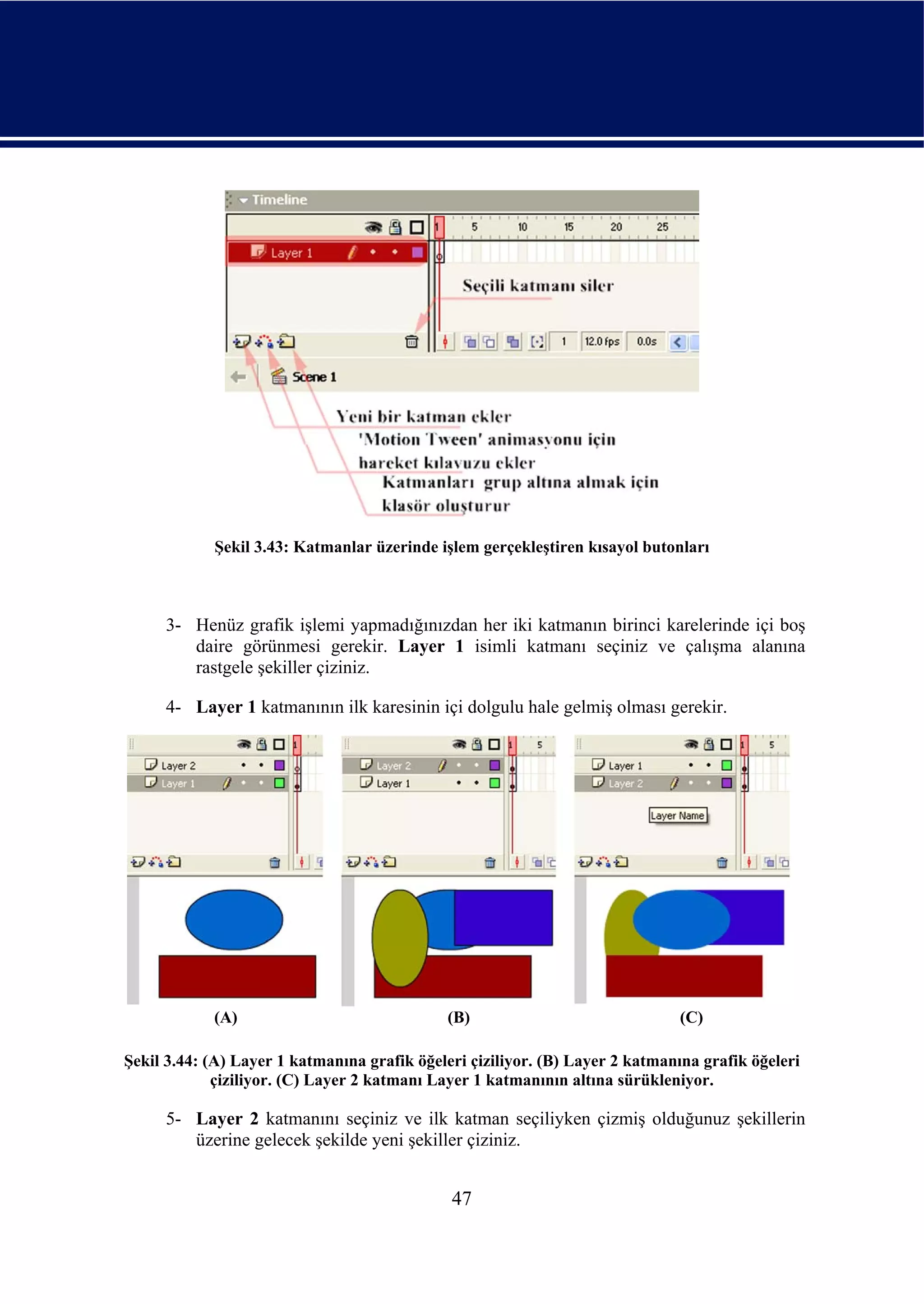Şekil 3.43: Katmanlar üzerinde işlem gerçekleştiren kısayol butonları



     3- Henüz grafik işlemi yapmadığınızdan her iki katmanın birinci karelerinde içi boş
        daire görünmesi gerekir. Layer 1 isimli katmanı seçiniz ve çalışma alanına
        rastgele şekiller çiziniz.

     4- Layer 1 katmanının ilk karesinin içi dolgulu hale gelmiş olması gerekir.




            (A)                              (B)                              (C)

Şekil 3.44: (A) Layer 1 katmanına grafik öğeleri çiziliyor. (B) Layer 2 katmanına grafik öğeleri
             çiziliyor. (C) Layer 2 katmanı Layer 1 katmanının altına sürükleniyor.

     5- Layer 2 katmanını seçiniz ve ilk katman seçiliyken çizmiş olduğunuz şekillerin
        üzerine gelecek şekilde yeni şekiller çiziniz.


                                              47
 