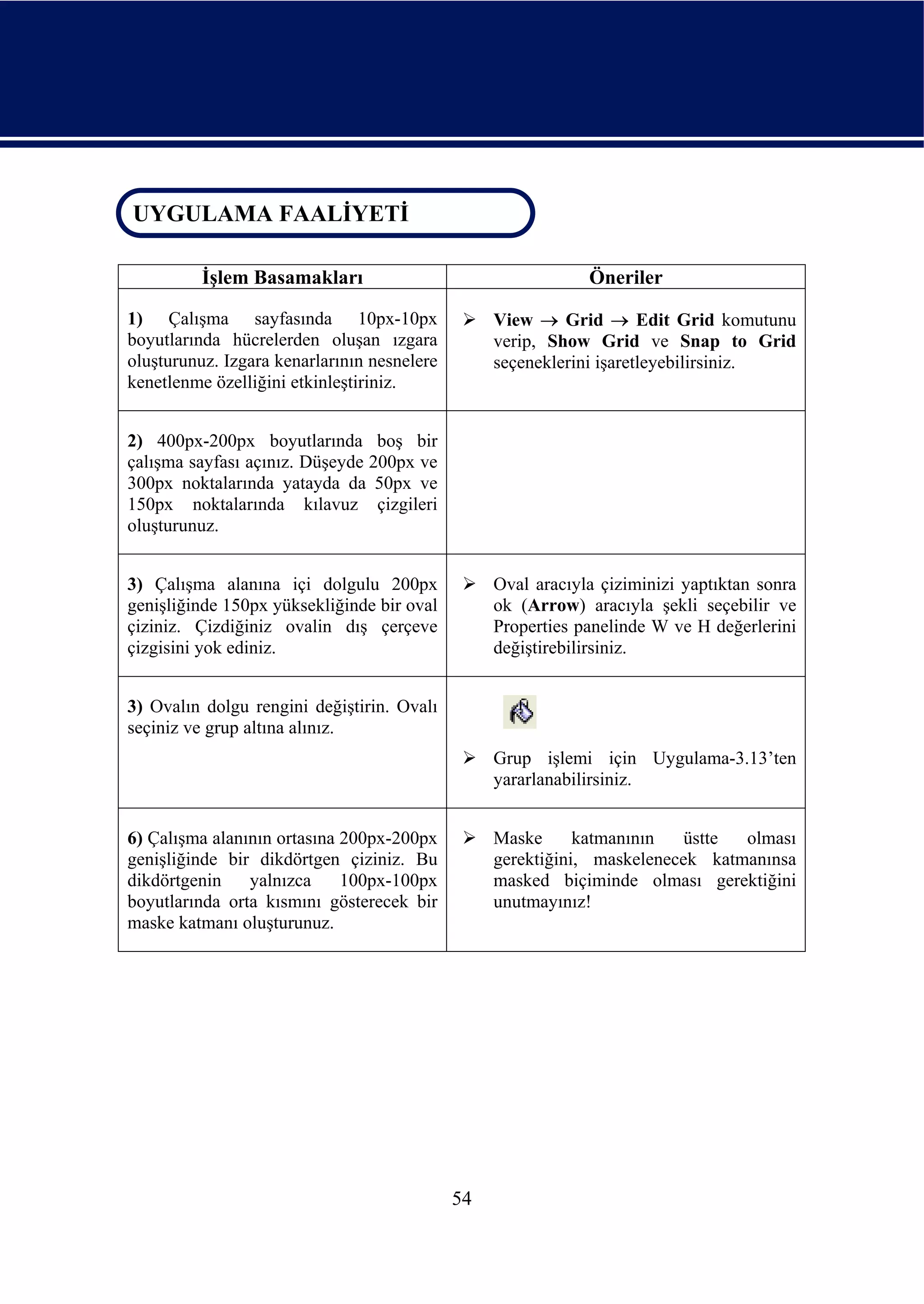 UYGULAMA FAALİYETİ
 UYGULAMA FAALİYETİ

          İşlem Basamakları                                   Öneriler

1) Çalışma sayfasında 10px-10px                   View → Grid → Edit Grid komutunu
boyutlarında hücrelerden oluşan ızgara            verip, Show Grid ve Snap to Grid
oluşturunuz. Izgara kenarlarının nesnelere        seçeneklerini işaretleyebilirsiniz.
kenetlenme özelliğini etkinleştiriniz.


2) 400px-200px boyutlarında boş bir
çalışma sayfası açınız. Düşeyde 200px ve
300px noktalarında yatayda da 50px ve
150px noktalarında kılavuz çizgileri
oluşturunuz.


3) Çalışma alanına içi dolgulu 200px              Oval aracıyla çiziminizi yaptıktan sonra
genişliğinde 150px yüksekliğinde bir oval         ok (Arrow) aracıyla şekli seçebilir ve
çiziniz. Çizdiğiniz ovalin dış çerçeve            Properties panelinde W ve H değerlerini
çizgisini yok ediniz.                             değiştirebilirsiniz.


3) Ovalın dolgu rengini değiştirin. Ovalı
seçiniz ve grup altına alınız.
                                                  Grup işlemi için Uygulama-3.13’ten
                                                  yararlanabilirsiniz.


6) Çalışma alanının ortasına 200px-200px          Maske      katmanının   üstte olması
genişliğinde bir dikdörtgen çiziniz. Bu           gerektiğini, maskelenecek katmanınsa
dikdörtgenin    yalnızca     100px-100px          masked biçiminde olması gerektiğini
boyutlarında orta kısmını gösterecek bir          unutmayınız!
maske katmanı oluşturunuz.




                                             54
 